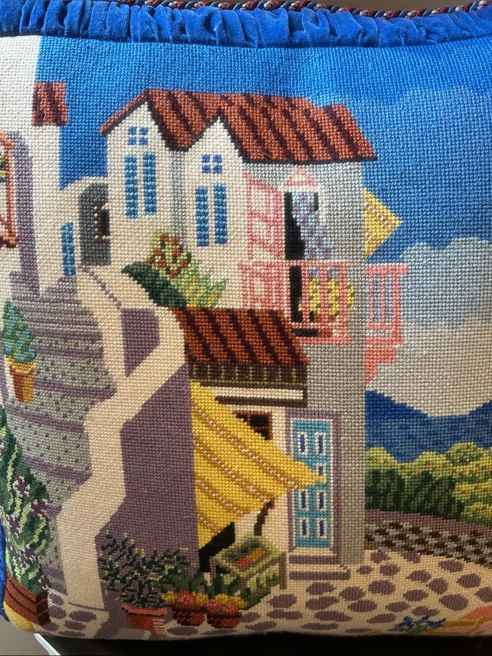 Beautiful Needlepoint Scenic Countryside Pillow  Blue Velvet Back & Lux Cording